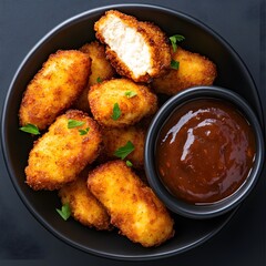 Crispy chicken nuggets, dipping sauce, dark background, overhead shot, food photography