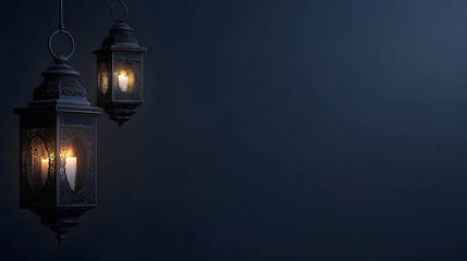 Ramadan Kareem greeting. Islamic crescent moon and lantern. End of fasting. ramadan decorations, Eid al-Fitr. Breaking of holy fast day. Muslim holiday. Arab night sky.