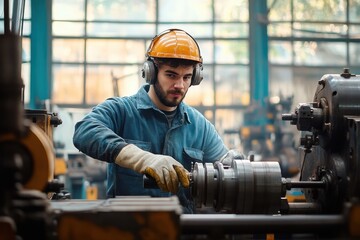 Worker operating vintage lathe in busy industrial workshop with natural light safety gear machinery machinery details