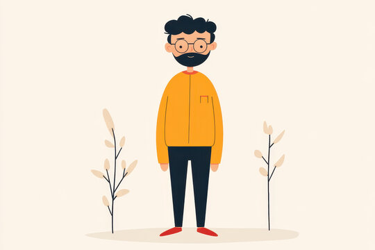 Minimalist flat design illustration of a man with glasses and a beard in an outdoor setting