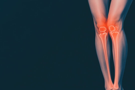 Medical illustration of human legs with highlighted knee joints, concept of joint pain and anatomy