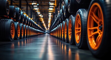New Racing Tires Arranged in an Industrial Warehouse with Soft Lighting and Dramatic Shadows for Rubber Products