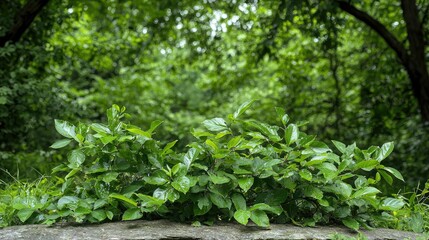 Fototapeta premium Lush green foliage on rock, forest background, nature scene, ideal for website banner