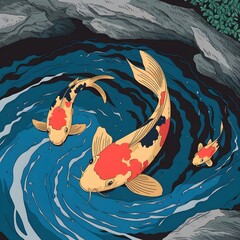 A detailed illustration of golden koi fish swimming in a pond with swirling, ink-like water. The water is a deep blue color, with swirls of white and dark blue. The koi fish are swimming in the swirls