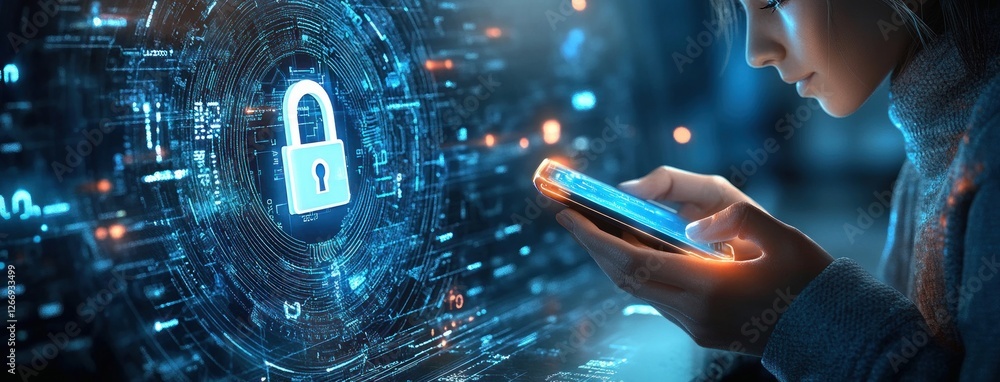 Poster high-tech data protection technology for online shopping cybersecurity with digital lock and fingerp