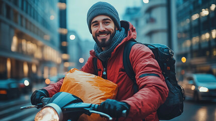 A delivery driver rides a motorcycle or electric scooter along the streets of a busy city or metropolis in order to deliver previously ordered food or goods.