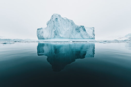 Large iceberg floating in the Arctic Ocean with underwater reflection, dramatic climate imagery