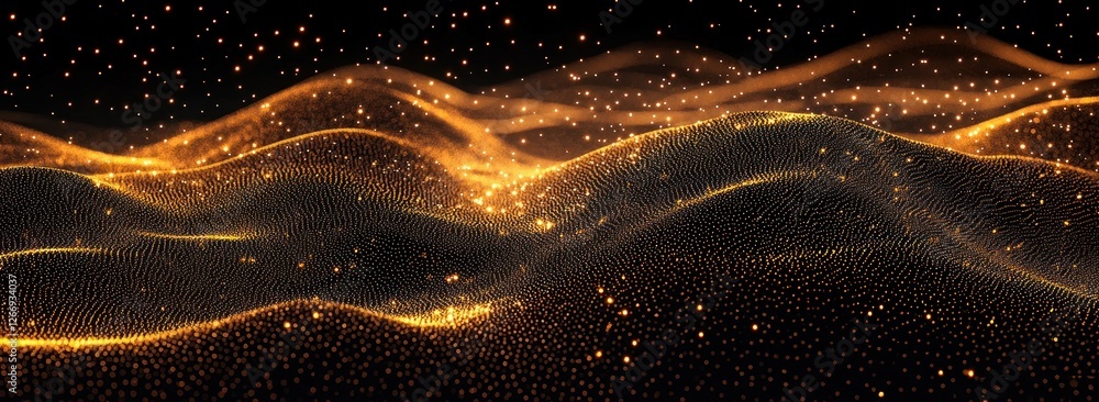 Poster gold particles abstract wave pattern background 3d digital art glowing design technology concept