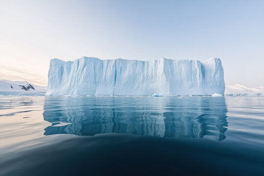 Majestic iceberg floating in the Arctic Ocean with a clear blue sky reflecting on calm water