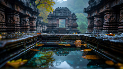 Ancient Temple Pool:  Mystical autumn scene at an ancient stone temple, featuring a tranquil pool reflecting the intricate carvings and fallen leaves.