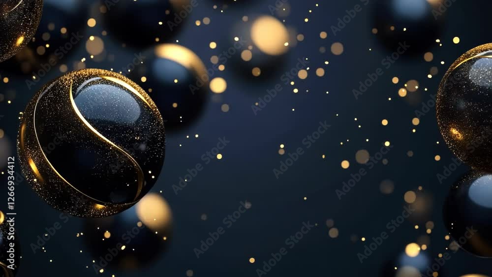 Aufkleber floating black and gold spheres amid shimmering lights create a mesmerizing visual spectacle in an e