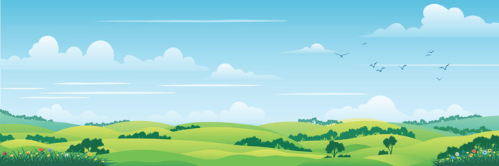 Obraz premium View of summer landscape, spring hills, green meadows and hills, bird flock, panoramic view, vector illustration