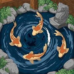 An illustration of golden koi fish swimming in a pond of swirling ink-like water. The water is dark blue and has swirling patterns of white and grey. The pond is surrounded by rocks and green plants. 