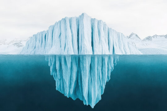 Towering iceberg with a dramatic underwater reflection in the Arctic landscape