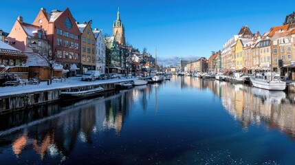 Naklejka premium Winter Canal Cityscape, Snowy European Town, Reflection, Sunny Day, Scenic View, Possible use Travel Brochure