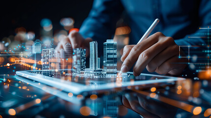 Digital Architect: A person's hands using a stylus on a tablet, designing a futuristic cityscape. The image depicts innovation, technology, and urban planning.