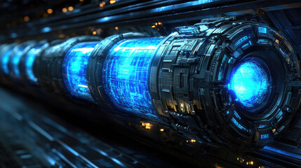 Energy Reuse and Renewable Energy，a high-tech renewable energy recovery system, seamlessly integrating with towering wind turbines and expansive solar panels in the distance. this advanced setup repre