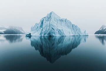 Massive iceberg floating in a still Arctic landscape with a perfect mirror reflection