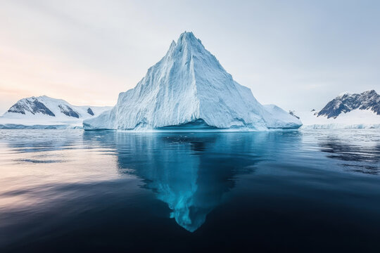 Breathtaking iceberg floating in Arctic waters with a perfect reflection of its icy peak