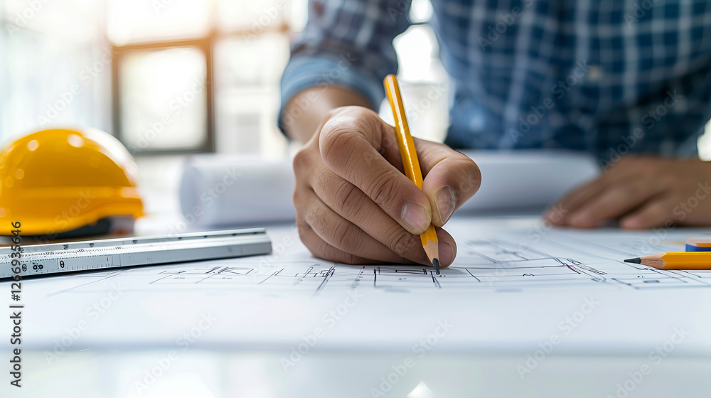 Poster architect's precision: closeup view of an architect's hand meticulously sketching a blueprint with a