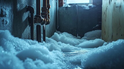 Frozen plumbing in a snow-covered basement with visible frost and water buildup. digital