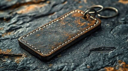 Rustic Leather Keychain on Dark Stone Background