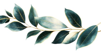 green leaves with elegant golden lines isolated on white background