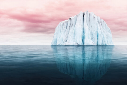Towering iceberg reflecting on calm Arctic waters under a pastel-colored sky
