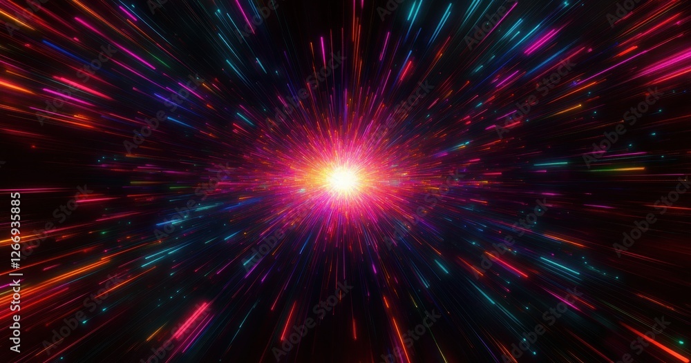 Aufkleber dynamic explosion of colorful lines with neon glow in digital art style