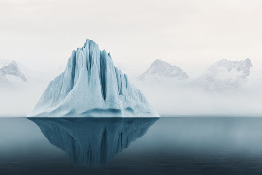 Massive Iceberg Floating in Arctic Waters with Misty Mountain Background