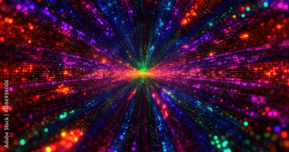 Poster vibrant color explosion digital art with neon dots and depth in symmetrical composition