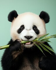 Naklejka premium A cute panda eating bamboo in a serene setting. This adorable bear captivates everyone with its playful personality. Experience the joy of wildlife. Generative AI