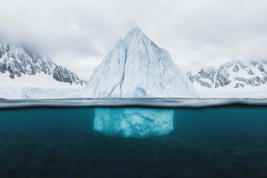 Massive iceberg partially submerged in Arctic waters showing its hidden underwater structure