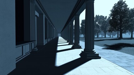 Ancient colonnade pathway,  shaded,  park,  twilight