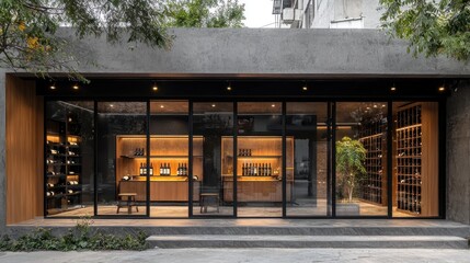 Modern wine shop facade with wine display, city background