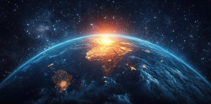 Earth Sunrise from Space Panoramic View with Cosmic Background and Stars