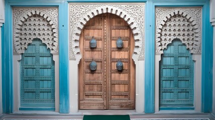 A photo of a Moroccan riad's wooden door, with intricate carvings of geometric patterns, flowers, and vines. The door is painted in shades of blue and white. The door has a green mat in front of it. T