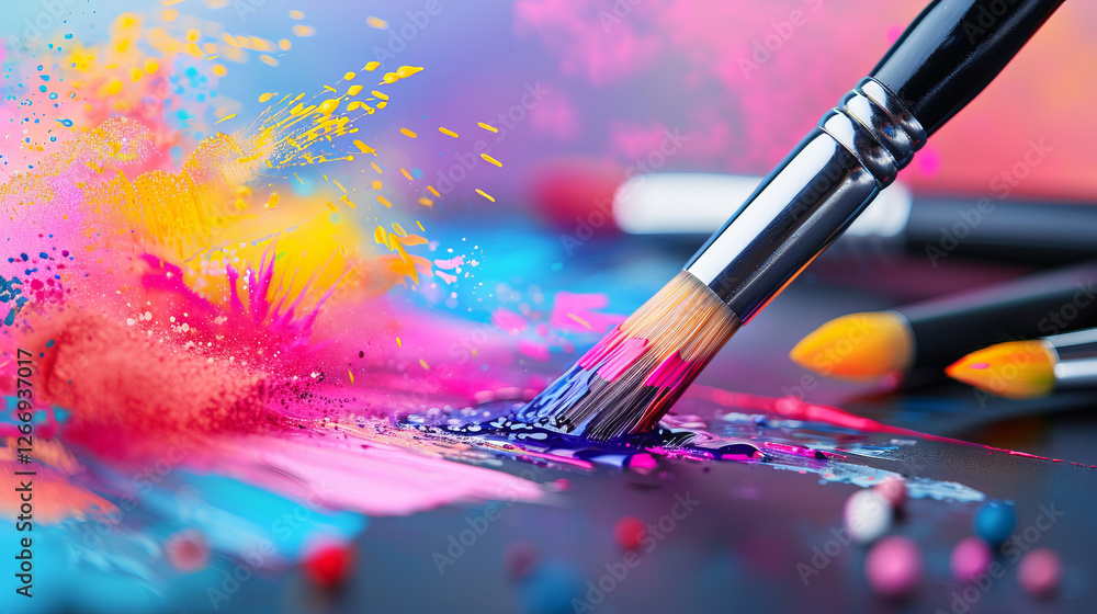 Poster colorful explosion: paintbrush in action: a close-up shot of a paintbrush dipping into vibrant, colo