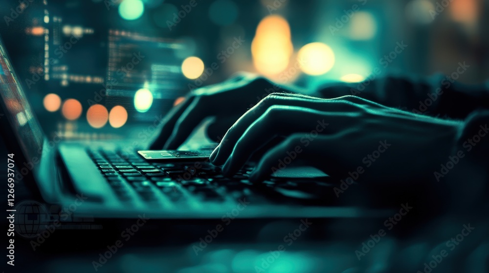 Poster close-up of hands typing on a laptop with glowing code and colorful lights in the background