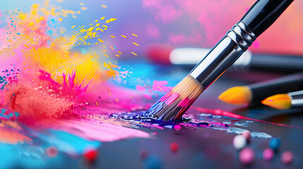 Fototapeta premium Colorful Explosion: Paintbrush in Action: A close-up shot of a paintbrush dipping into vibrant, colorful paint, creating a dynamic explosion of color and texture.