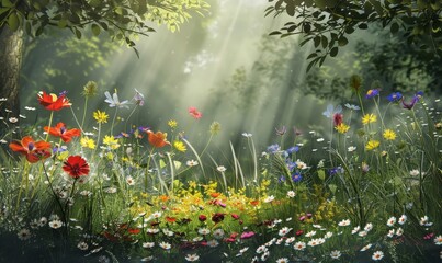 Fototapeta premium Sunlit flowers bloom in a meadow on a bright day, with forest trees and sunlight in the background