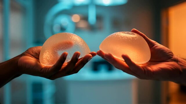 Hands holding breast implants in front of an operating room. Cosmetic surgery for breast augmentation concept. plastic surgery clinics, medical education materials, and cosmetic enhancement promotions