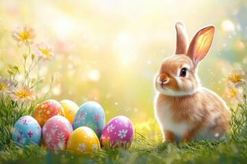 Easter Bunny in Leather Jacket with Eggs and Sunglasses in Colorful Spring Scene