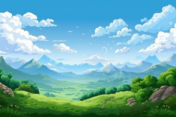 Obraz premium Sunny day in a green valley with distant mountains. Illustration for nature or travel backgrounds