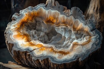 Obraz premium A stunning cross-section of petrified wood reveals intricate layers of vibrant orange, gray, and white.
