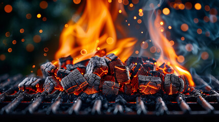 Grilling Up a Feast: A closeup shot of glowing hot coals on a barbecue grill, with a backdrop of out-of-focus greenery. The flames leap and crackle, ready to sear a delicious meal. 