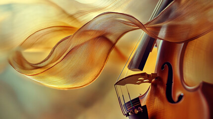 Beautiful violin with flowing silk fabric creates an elegant musical atmosphere