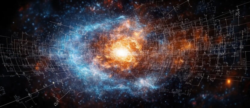 Cosmic Nebula with Mathematical Symbols and Bright Star in Abstract Style
