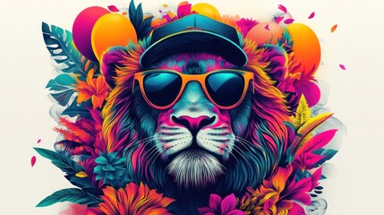 Fototapeta premium Lion in sunglasses, party floral background, vibrant colors, graphic art, poster, print