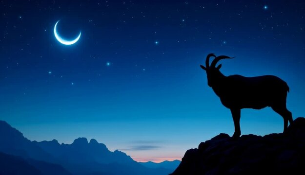 Horizontal  video. Goat or sacrificial sheep silhouette on dark night background. Crescent moon on night starry sky. Eid Al Adha Mubarak, Eid Al Adha festival. 